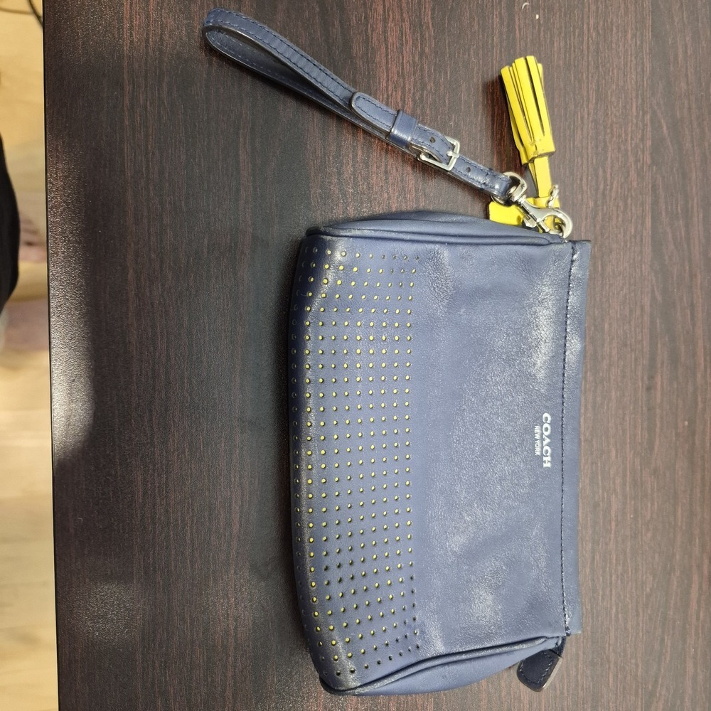 Coach Legacy Navy Blue Perforated Leather Zip Clutch Wristlet with Tassels - Picture 2 of 8